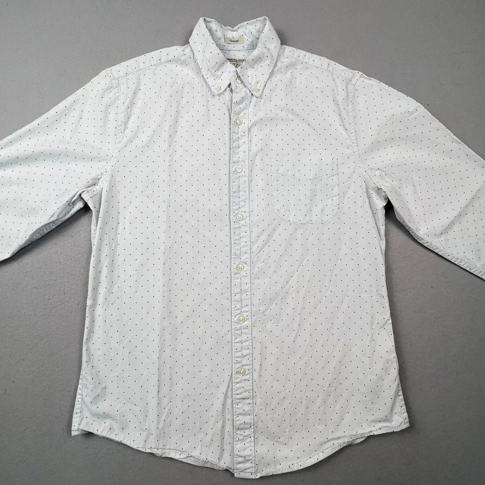 J. Crew Button Down Shirt Mens M White Polka Dot Secret Wash Stretch Classic Fit